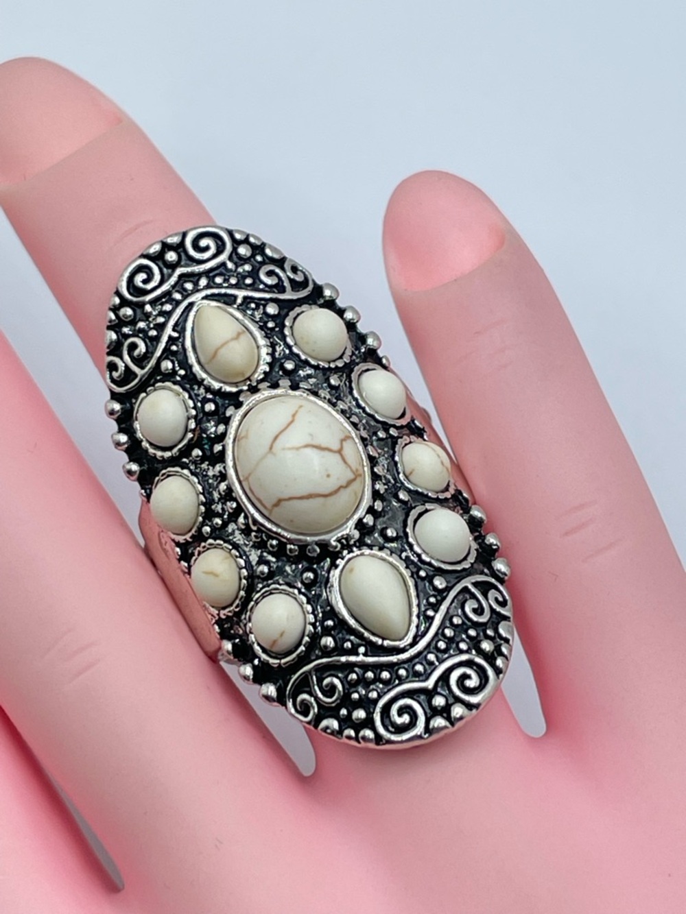 Silver Tone Magnesite Stretch Ring Statement Boho Vintage Style